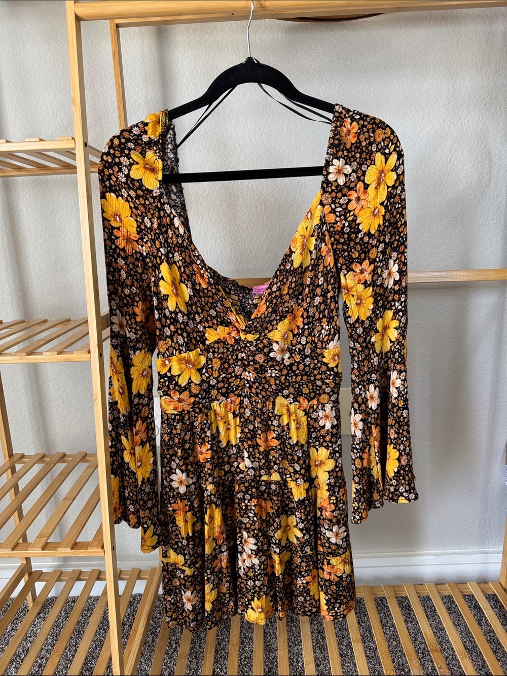 Francesca's Collections Black Long Sleeve Floral Dress with Yellow Flowers